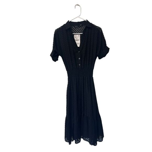 Zara Dresses & Skirts - Zara Basic Short Sleeve Button Front Smocked Waist Shirt Dress Black Size XS NWT